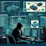 "Imagem de um hacker analisando um painel de controle de roteador industrial, destacando a vulnerabilidade em sistemas utilizados em fábricas. Artigo sobre a exploração de falhas em roteadores industriais."