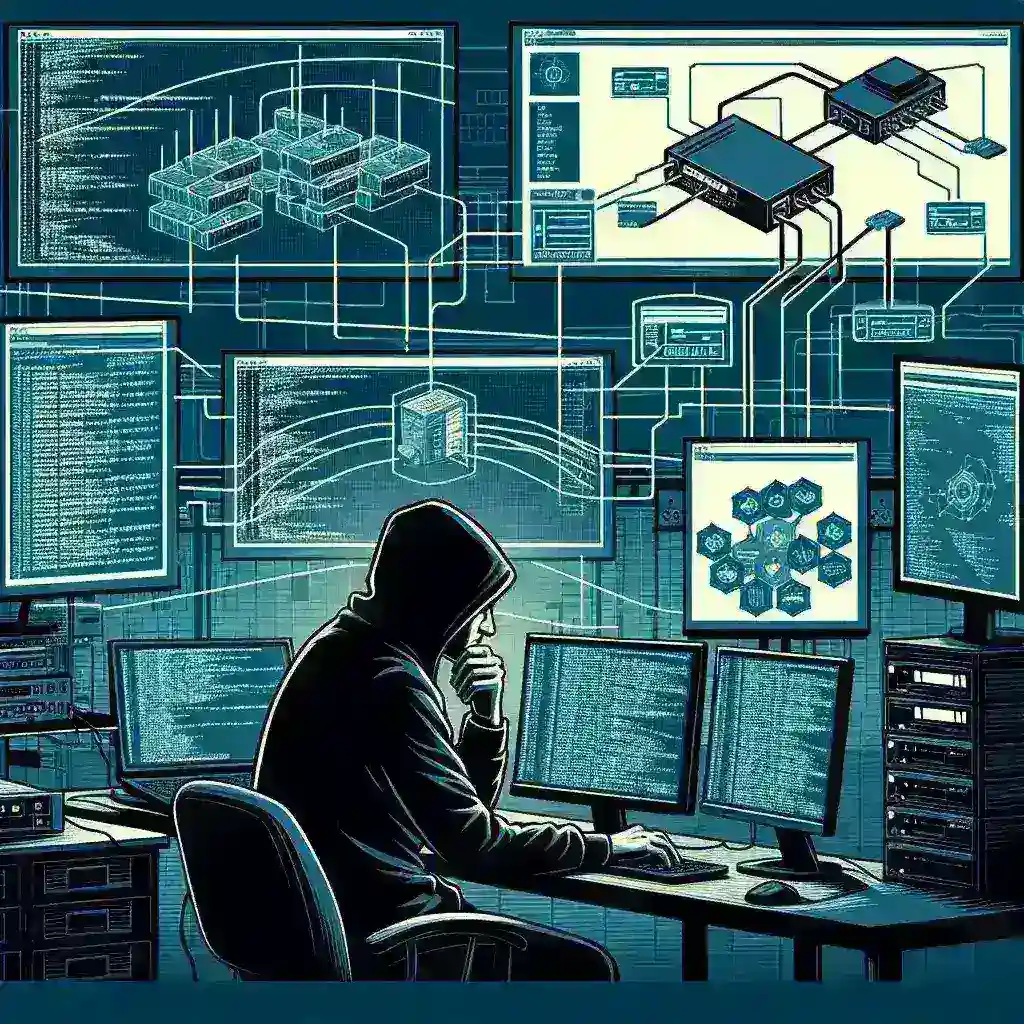 "Imagem de um hacker analisando um painel de controle de roteador industrial, destacando a vulnerabilidade em sistemas utilizados em fábricas. Artigo sobre a exploração de falhas em roteadores industriais."
