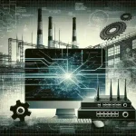 "Imagem de hackers explorando vulnerabilidades em roteadores industriais, evidenciando a importância da segurança cibernética em fábricas modernas."