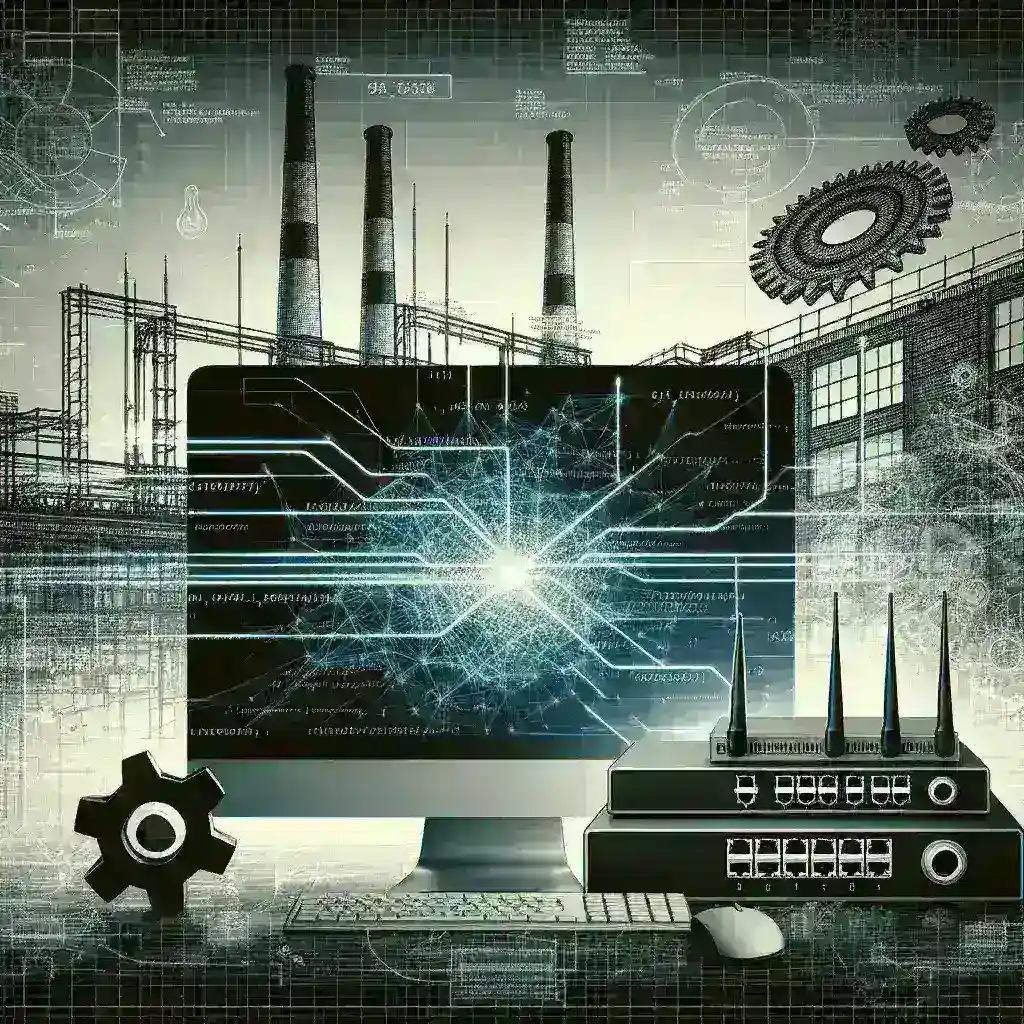 "Imagem de hackers explorando vulnerabilidades em roteadores industriais, evidenciando a importância da segurança cibernética em fábricas modernas."
