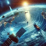 "Satélites de baixa órbita monitorando atividades marítimas para rastreamento de navios ilegais no Pacífico, com imagens de tecnologia avançada em ação."
